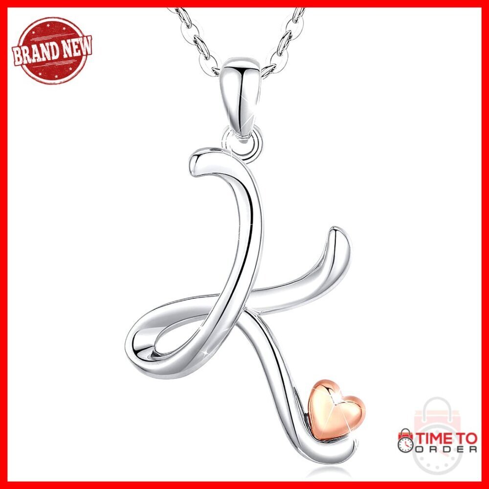 925 Sterling Silver Initial Necklace with Rose Gold Heart - 18 Inch Chain